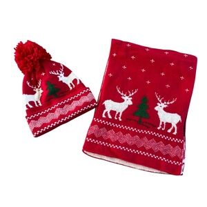 Winter Warm Knitted Scarf /Beanie Set Reindeer Christmas Reversible Red